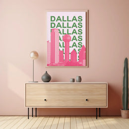 Dallas Cityscape in Pink and Green Pop Art Poster PosterGoat