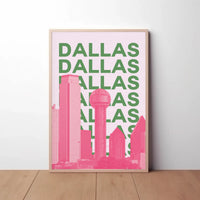 Dallas Cityscape in Pink and Green Pop Art Poster PosterGoat