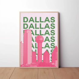 Dallas Cityscape in Pink and Green Pop Art Poster PosterGoat