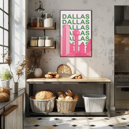 Dallas Cityscape in Pink and Green Pop Art Poster PosterGoat