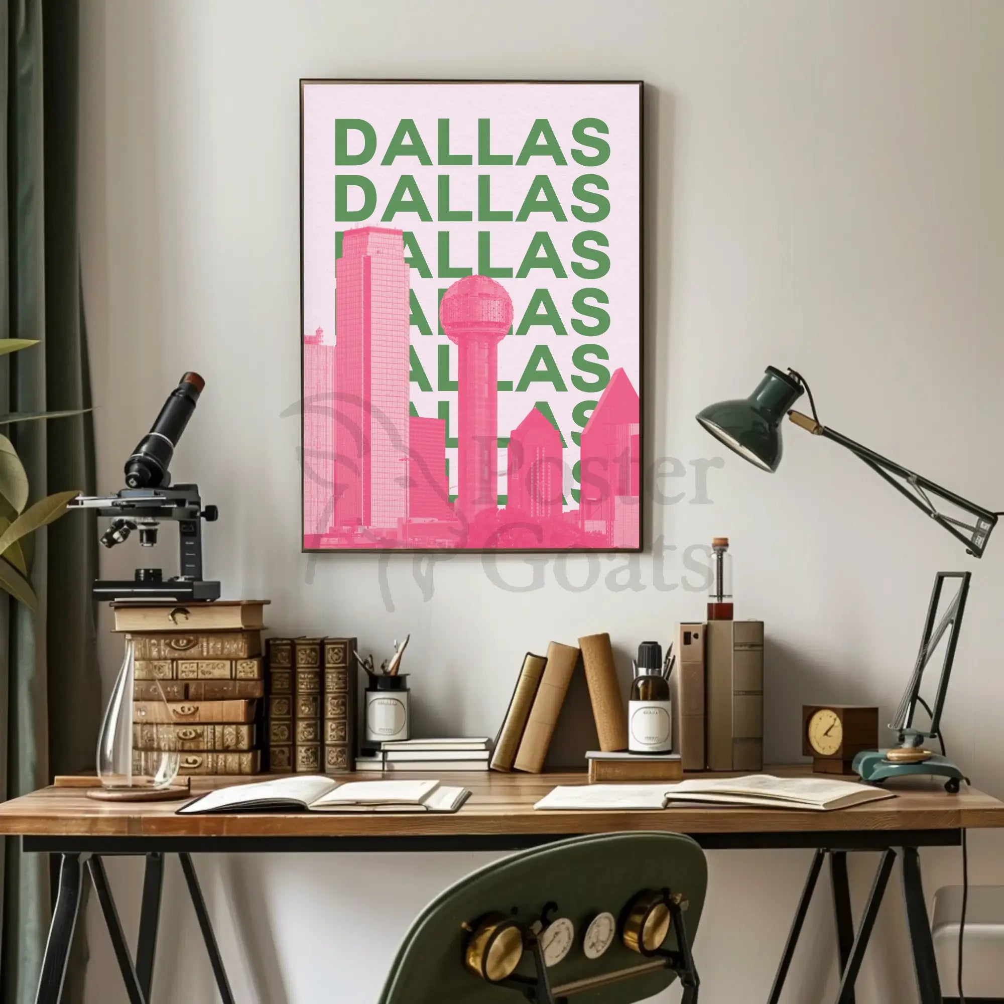 Dallas Cityscape in Pink and Green Pop Art Poster PosterGoat
