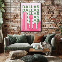 Dallas Cityscape in Pink and Green Pop Art Poster PosterGoat