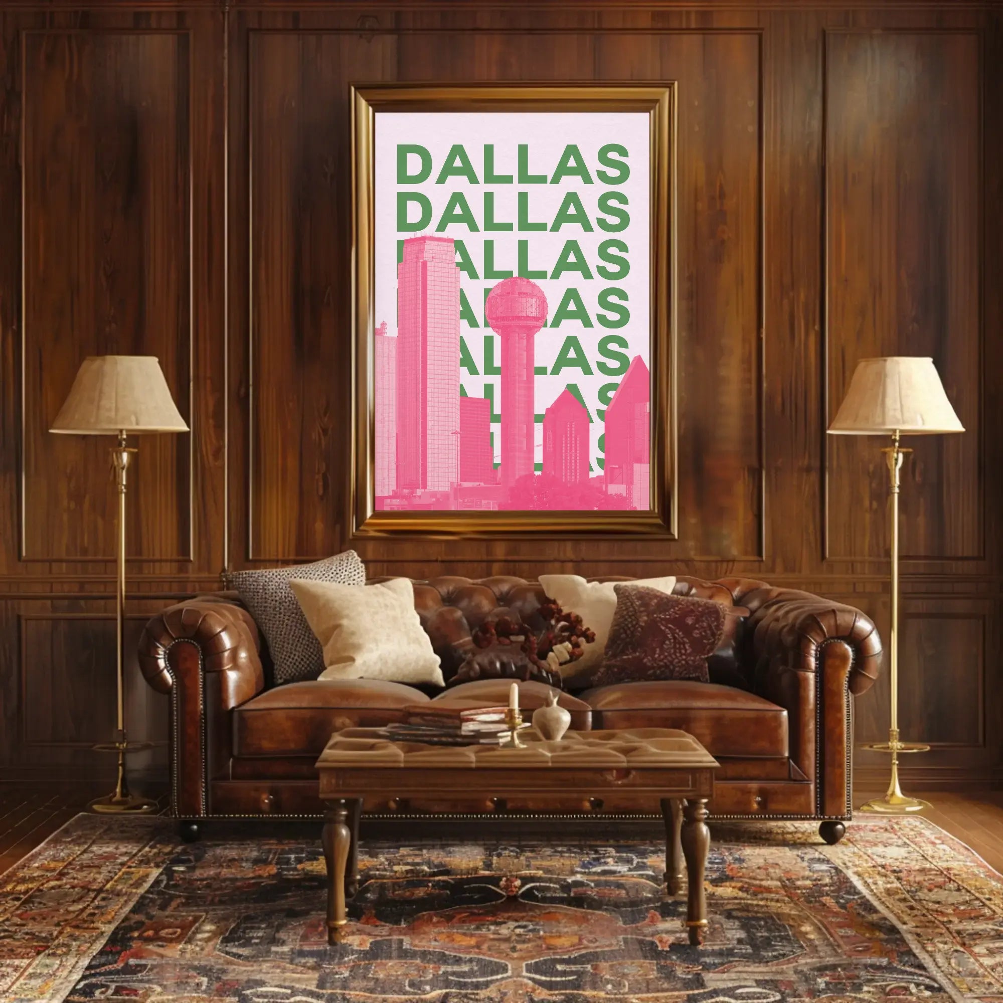 Dallas Cityscape in Pink and Green Pop Art Poster PosterGoat