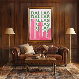 Dallas Cityscape in Pink and Green Pop Art Poster PosterGoat