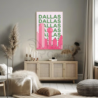 Dallas Cityscape in Pink and Green Pop Art Poster PosterGoat