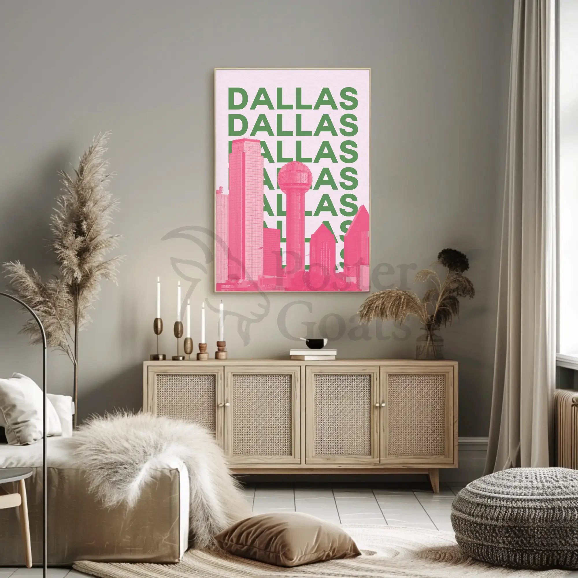 Dallas Cityscape in Pink and Green Pop Art Poster PosterGoat