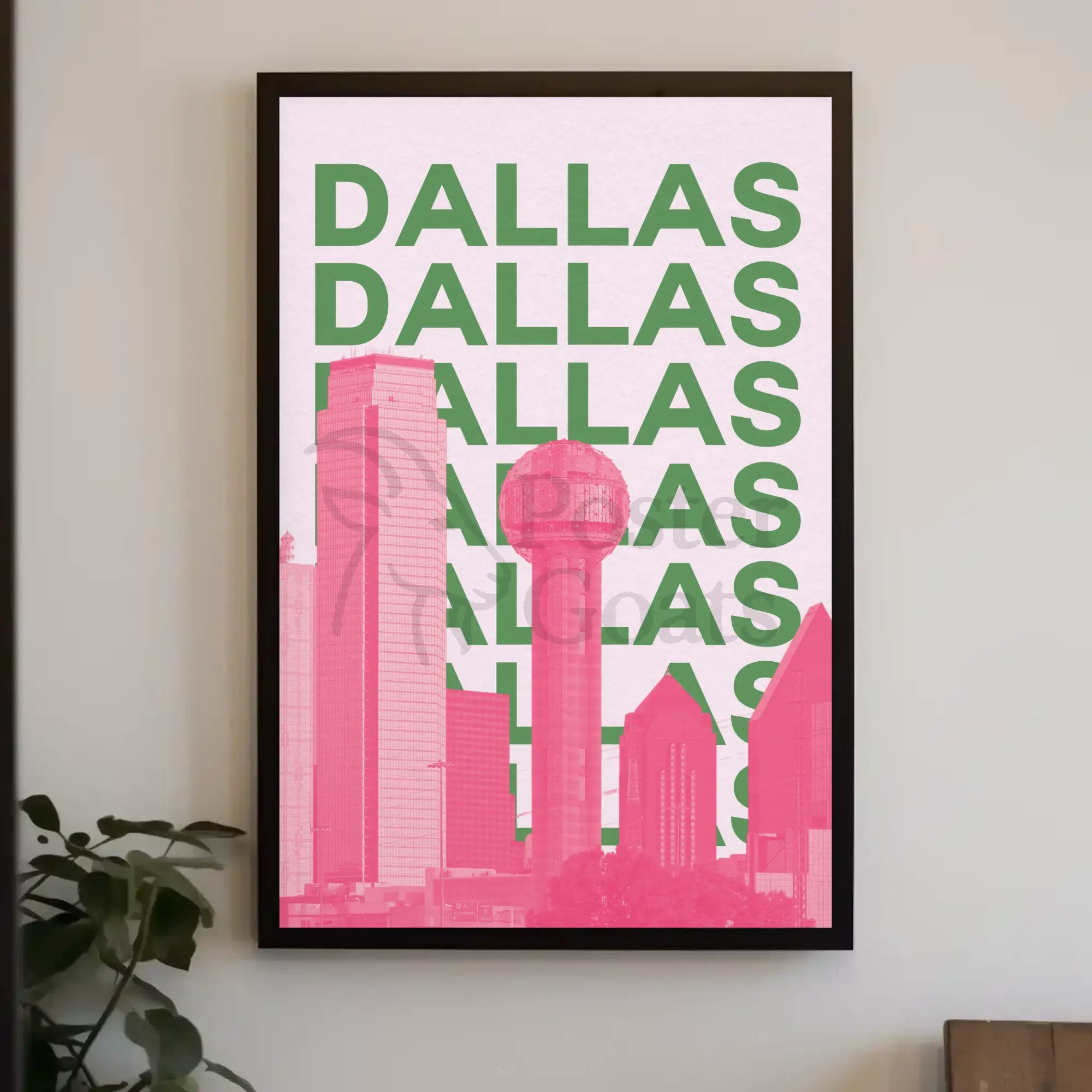 Dallas Cityscape in Pink and Green Pop Art Poster PosterGoat