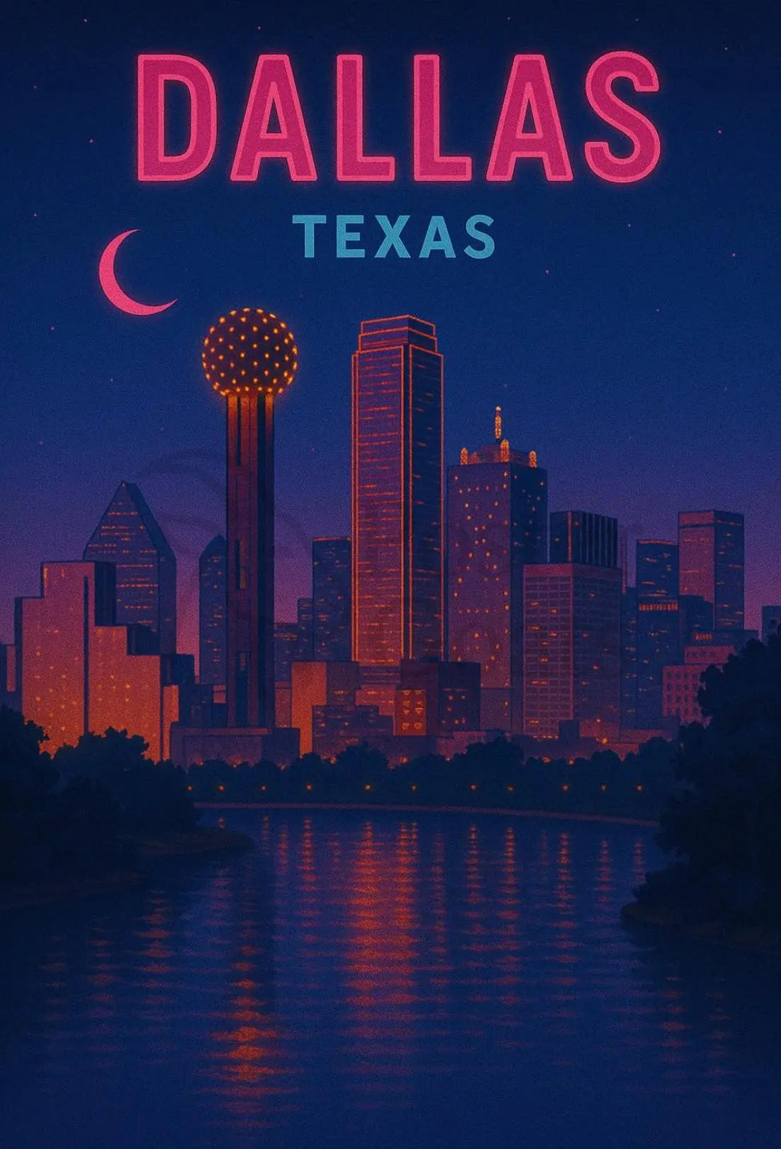 Dallas Skyline Nightscape Neon Travel Poster PosterGoat