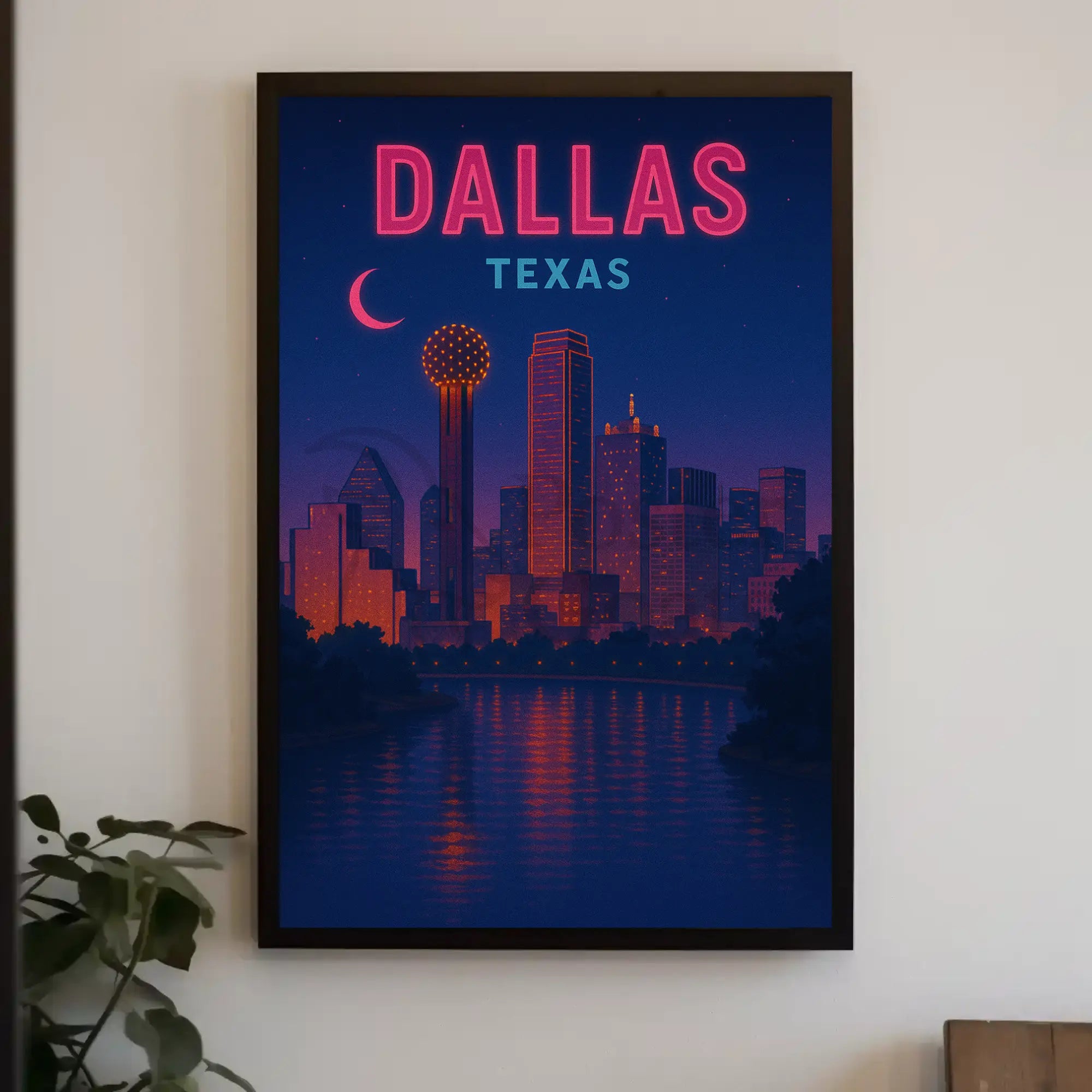 Dallas Skyline Nightscape Neon Travel Poster PosterGoat