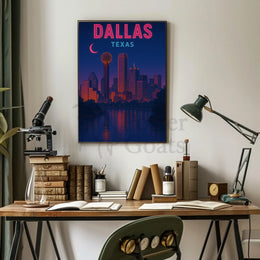 Dallas Skyline Nightscape Neon Travel Poster PosterGoat