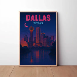 Dallas Skyline Nightscape Neon Travel Poster PosterGoat