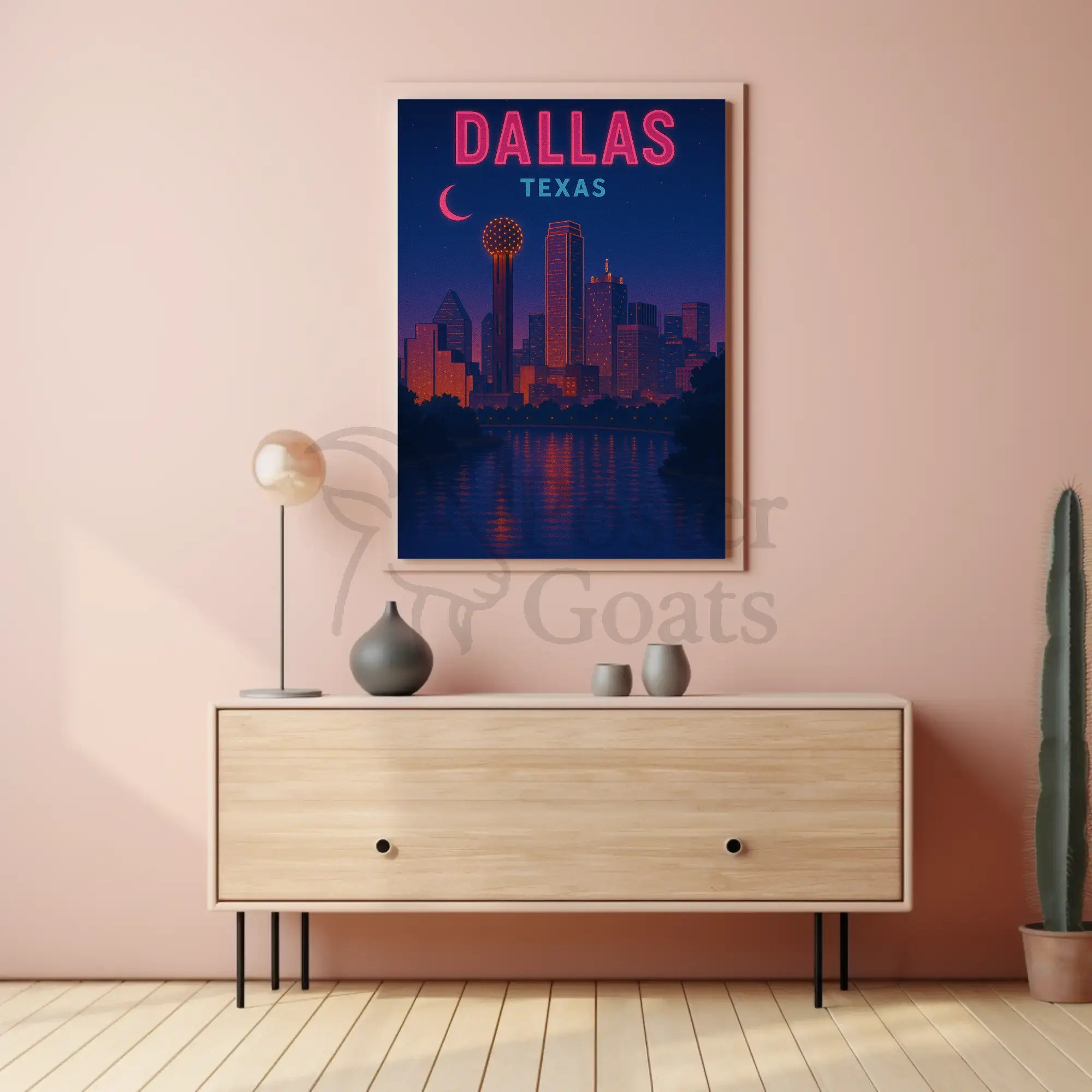 Dallas Skyline Nightscape Neon Travel Poster PosterGoat