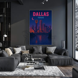 Dallas Skyline Nightscape Neon Travel Poster PosterGoat