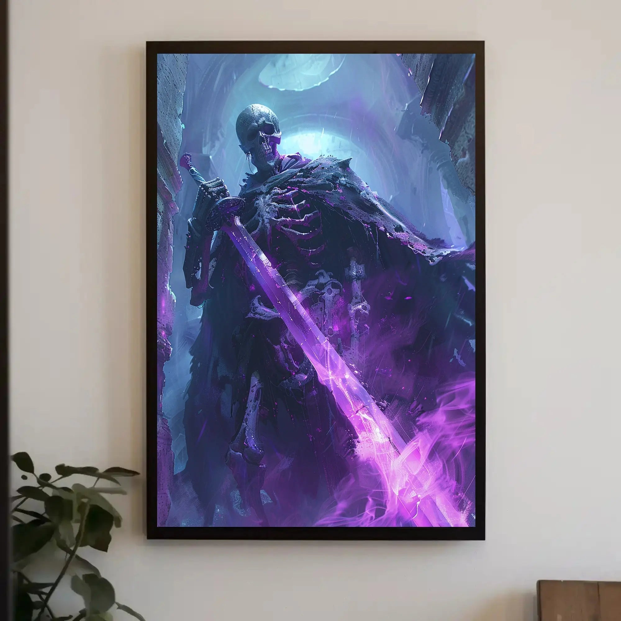 Dark Fantasy Warrior with Glowing Sword Artistic Poster PosterGoat