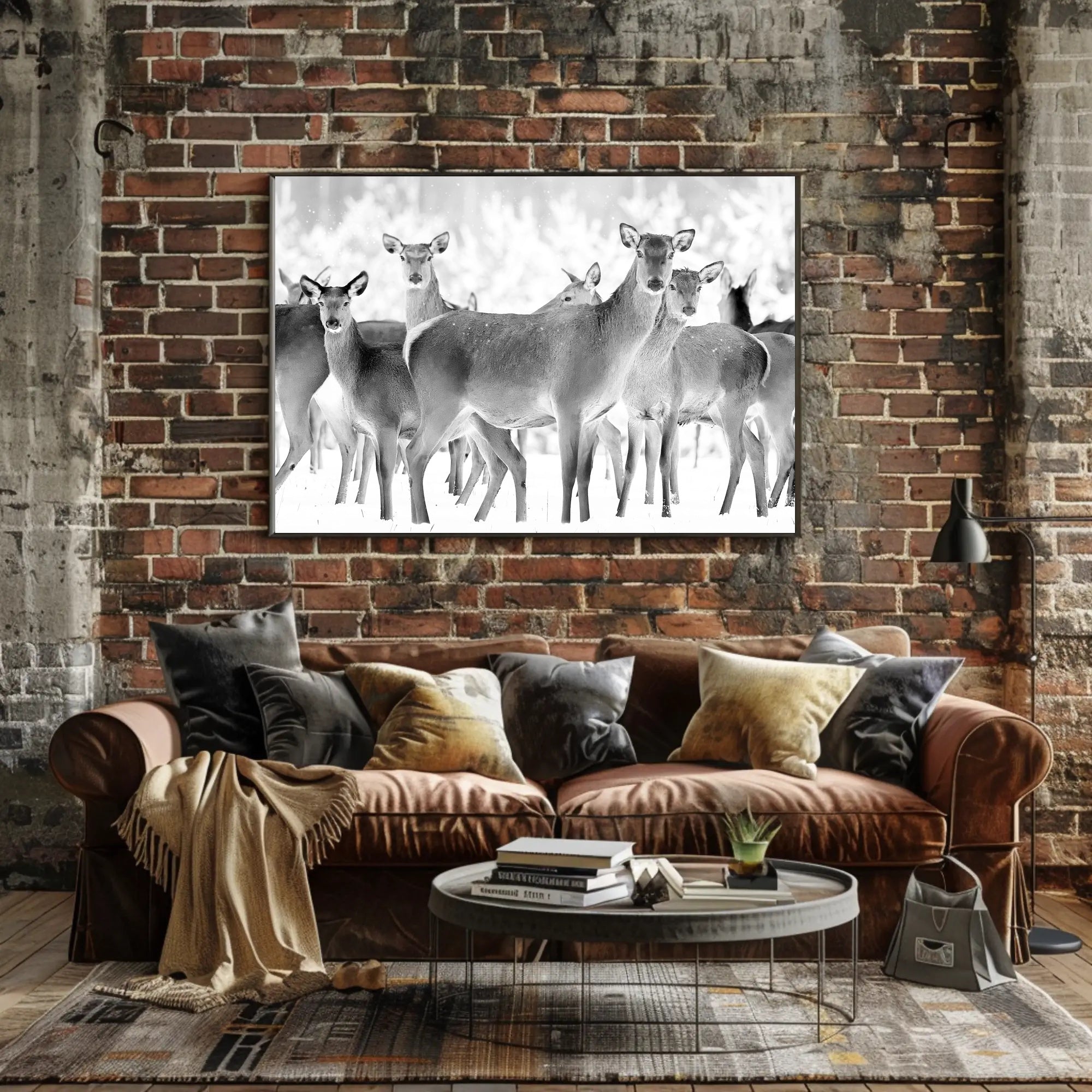 Deer Gathering Winter Wonderland Black and White Animal Poster PosterGoat