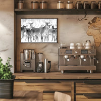 Deer Gathering Winter Wonderland Black and White Animal Poster PosterGoat