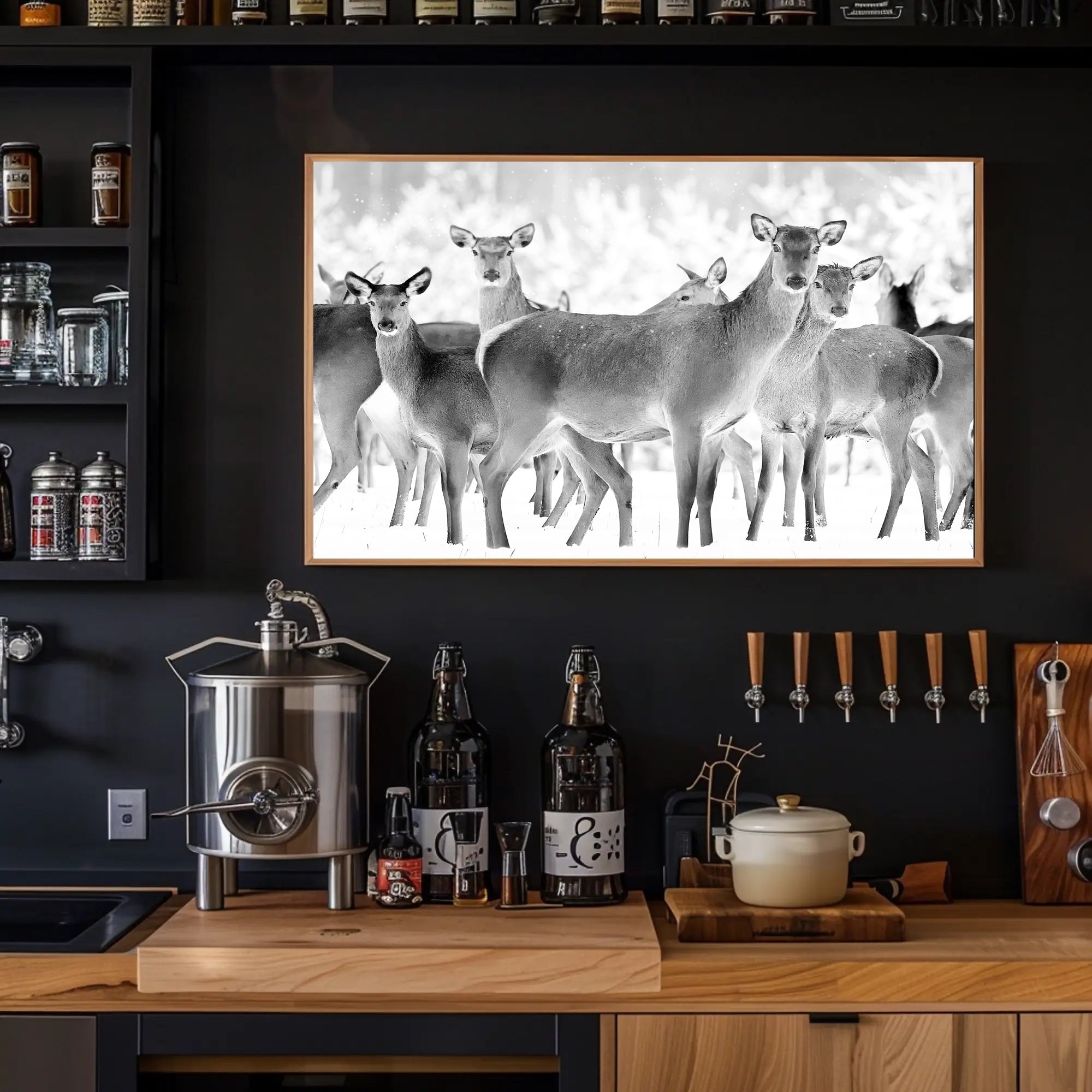 Deer Gathering Winter Wonderland Black and White Animal Poster PosterGoat