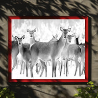Deer Gathering Winter Wonderland Black and White Animal Poster PosterGoat