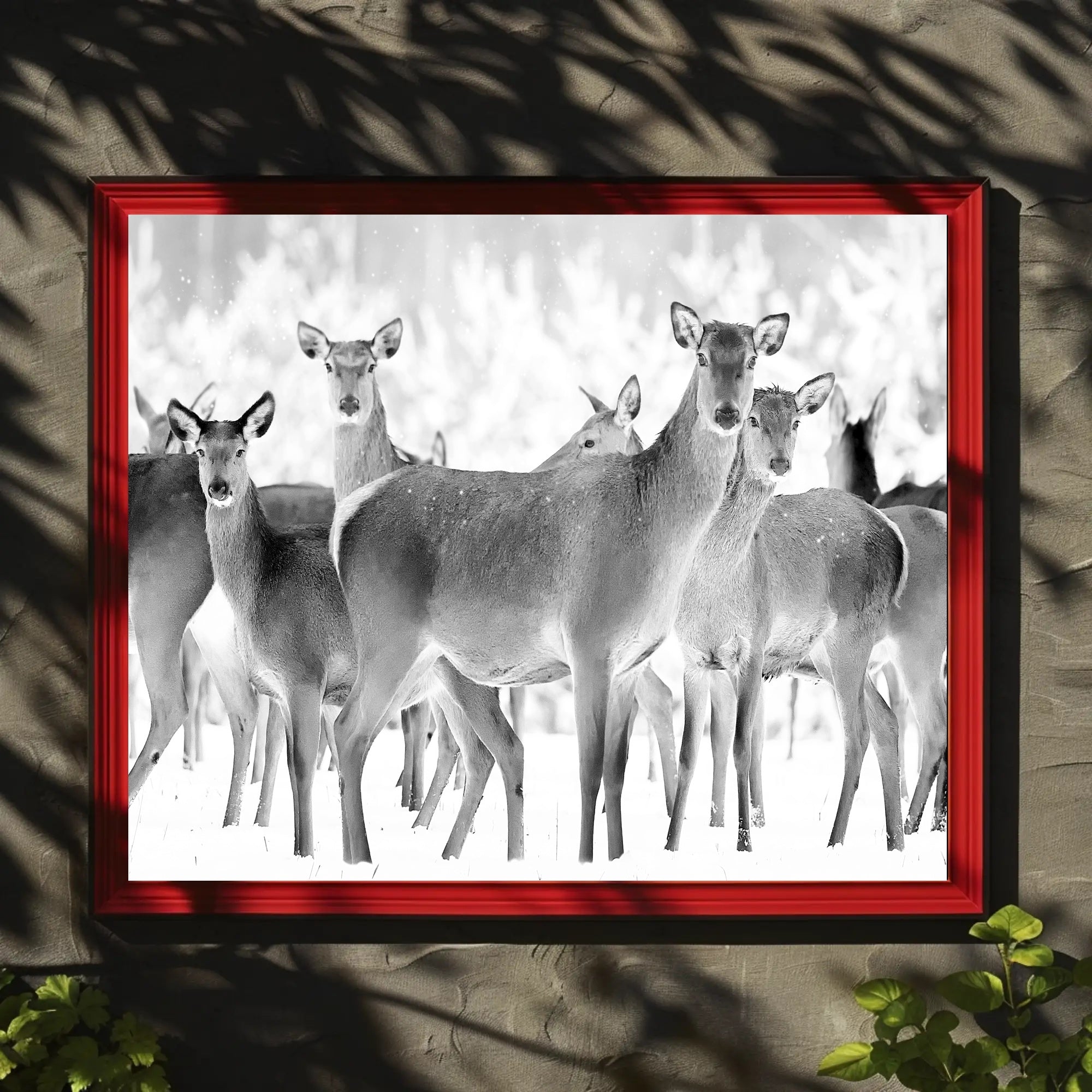 Deer Gathering Winter Wonderland Black and White Animal Poster PosterGoat