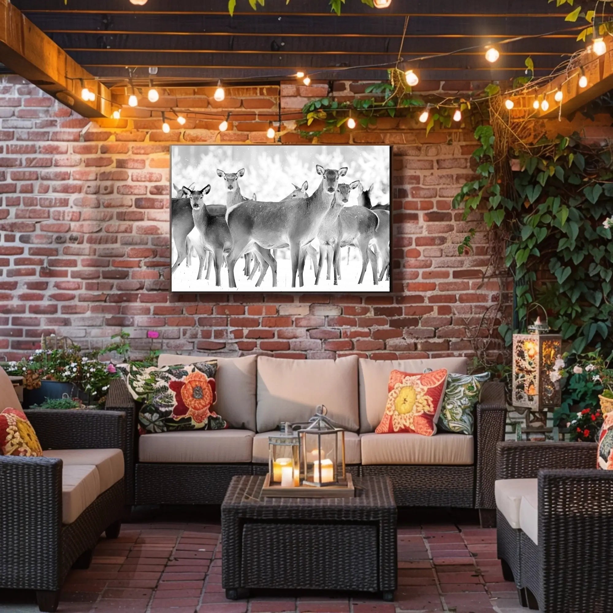 Deer Gathering Winter Wonderland Black and White Animal Poster PosterGoat