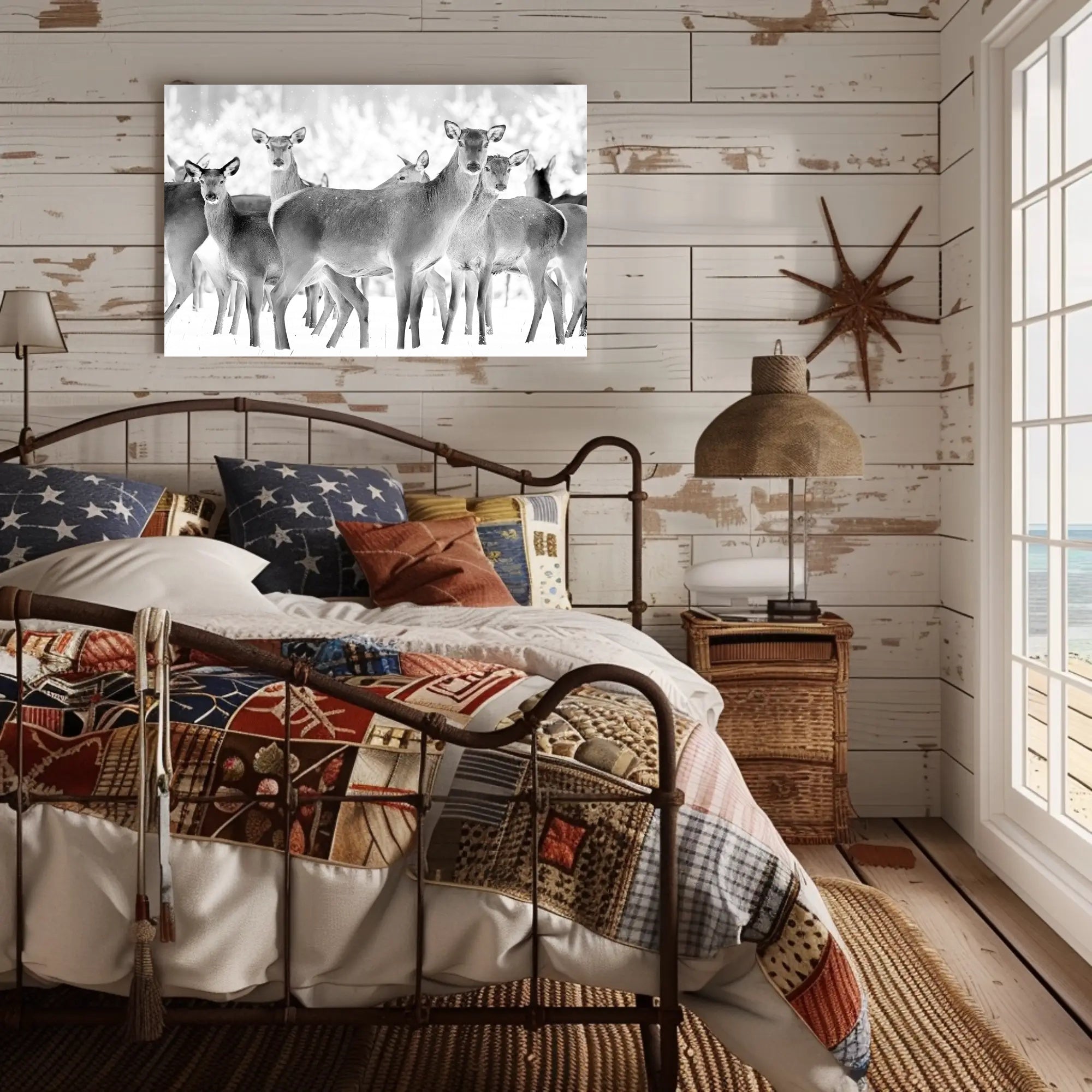 Deer Gathering Winter Wonderland Black and White Animal Poster PosterGoat