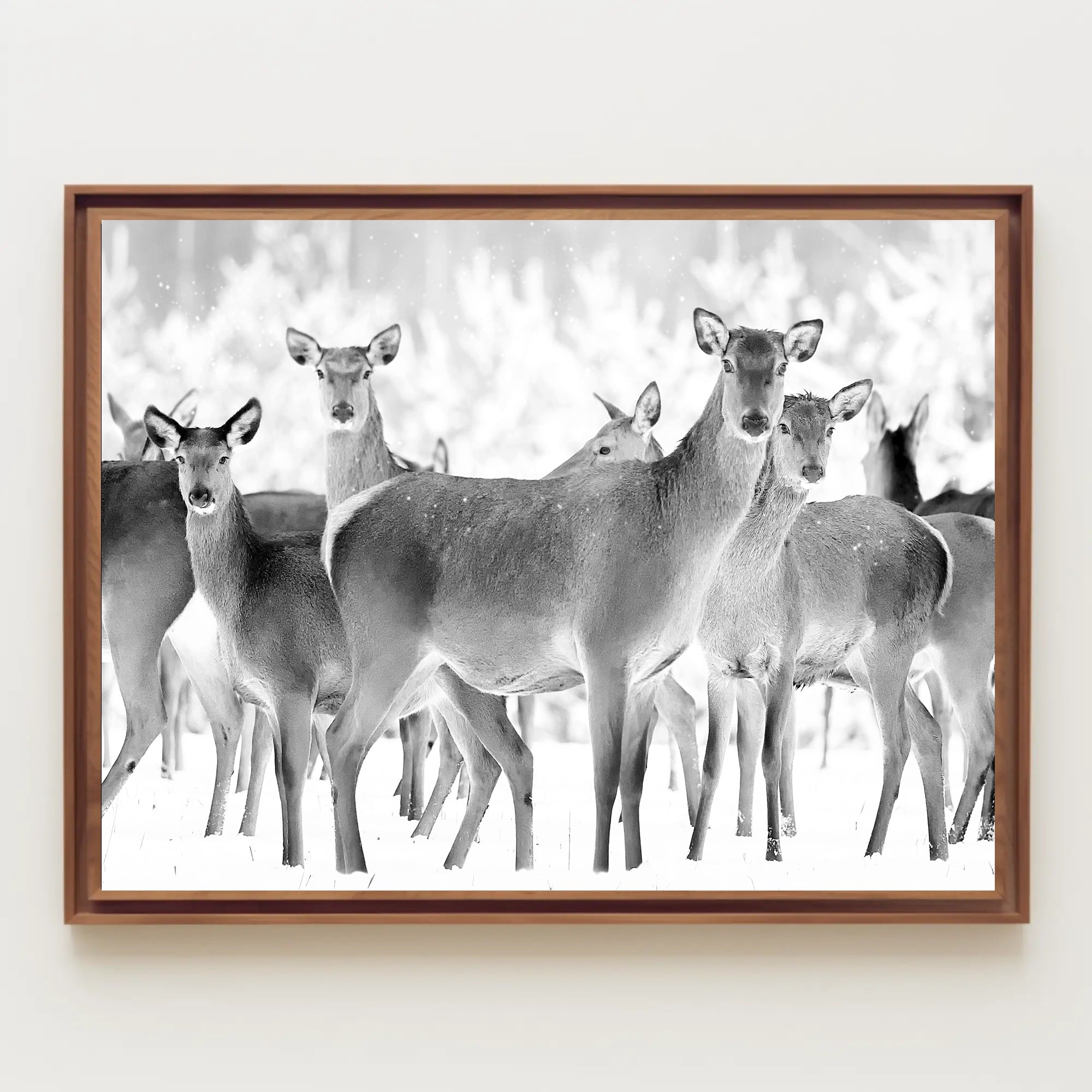 Deer Gathering Winter Wonderland Black and White Animal Poster PosterGoat
