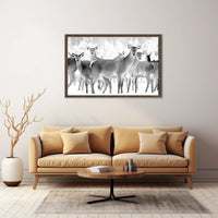 Deer Gathering Winter Wonderland Black and White Animal Poster PosterGoat