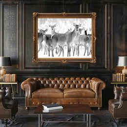 Deer Gathering Winter Wonderland Black and White Animal Poster PosterGoat