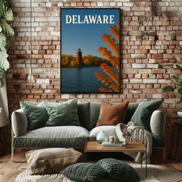 Delaware Lighthouse Autumn Scene Travel Poster PosterGoat