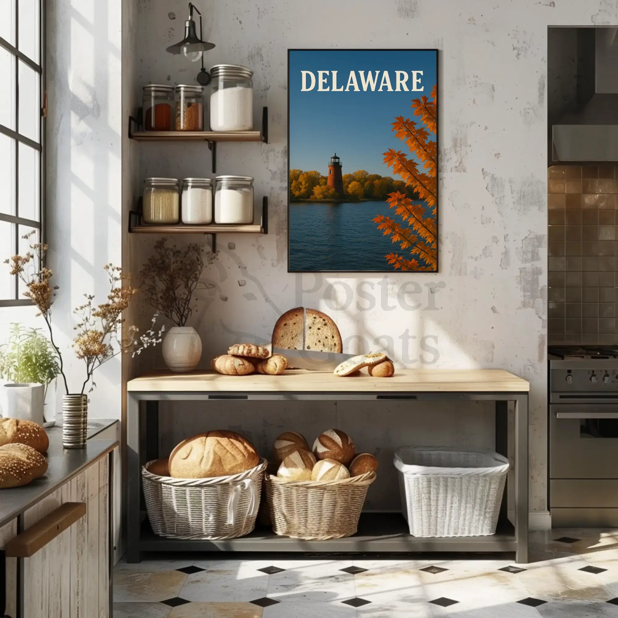 Delaware Lighthouse Autumn Scene Travel Poster PosterGoat