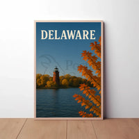 Delaware Lighthouse Autumn Scene Travel Poster PosterGoat
