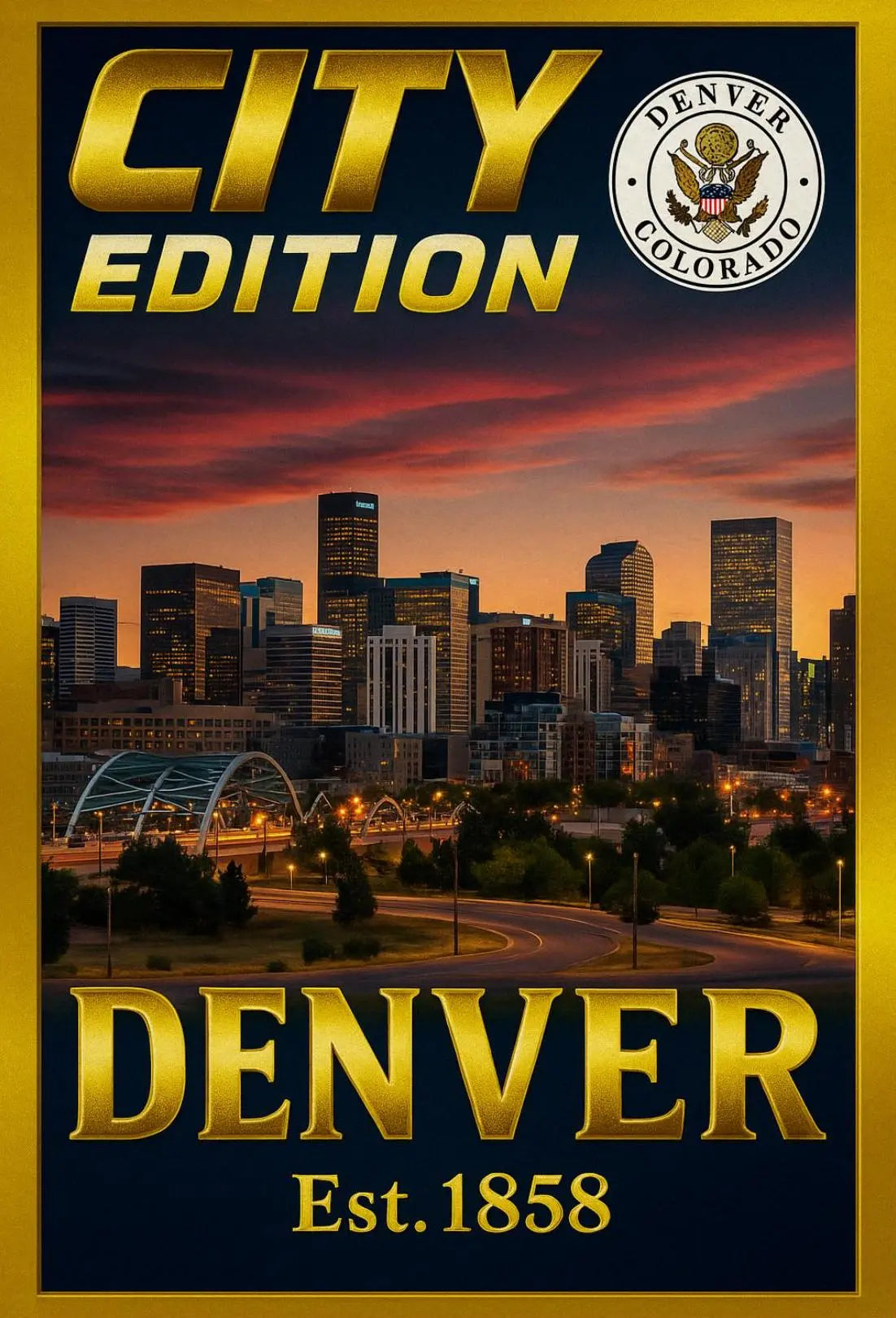 Denver Modern Skyline in Warm Colors Cultural Poster PosterGoat