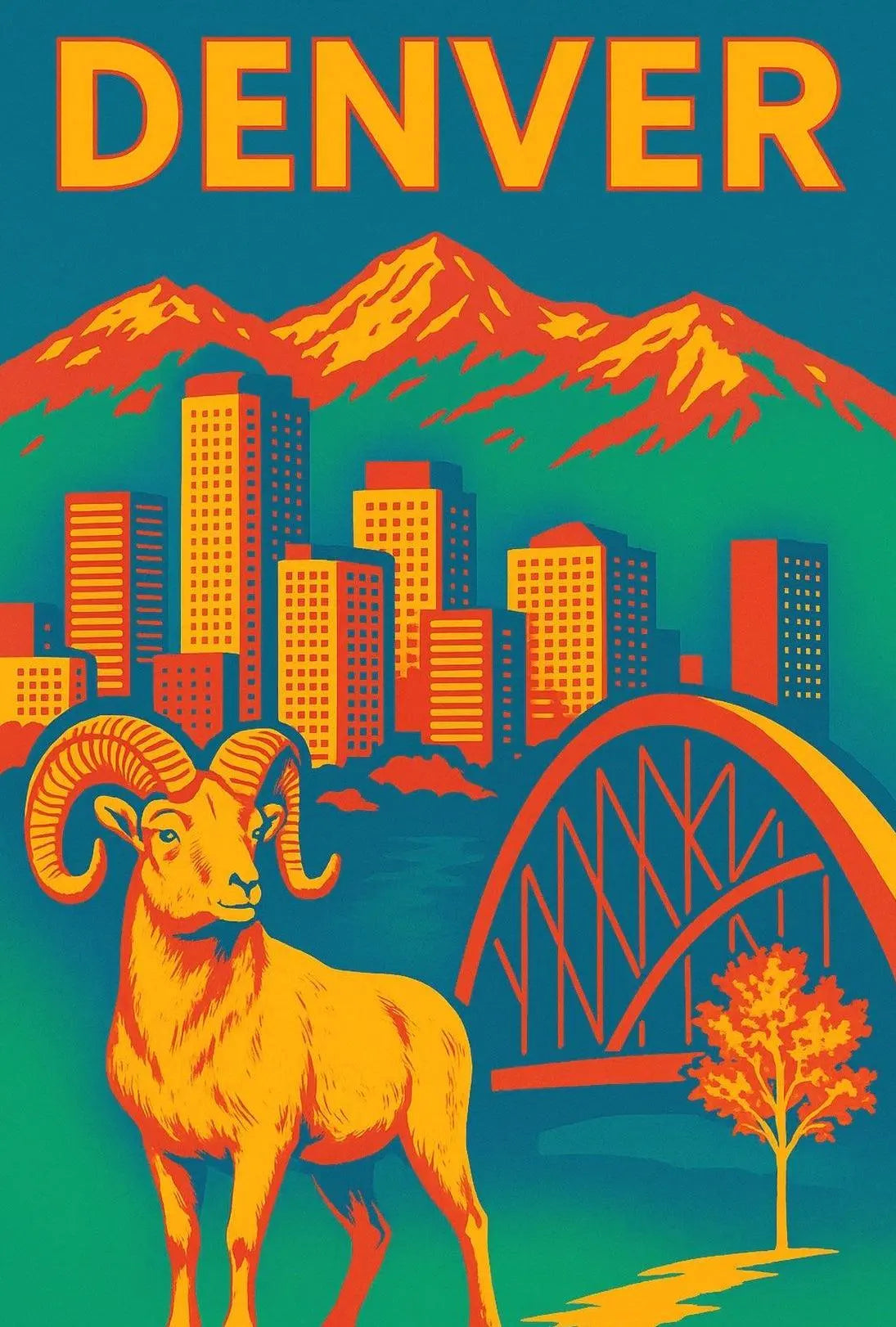 Denver Retro Skyline and Wildlife Vintage Travel Poster PosterGoat