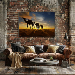 Desert Camels at Sunset Travel Poster PosterGoat