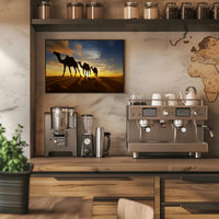Desert Camels at Sunset Travel Poster PosterGoat