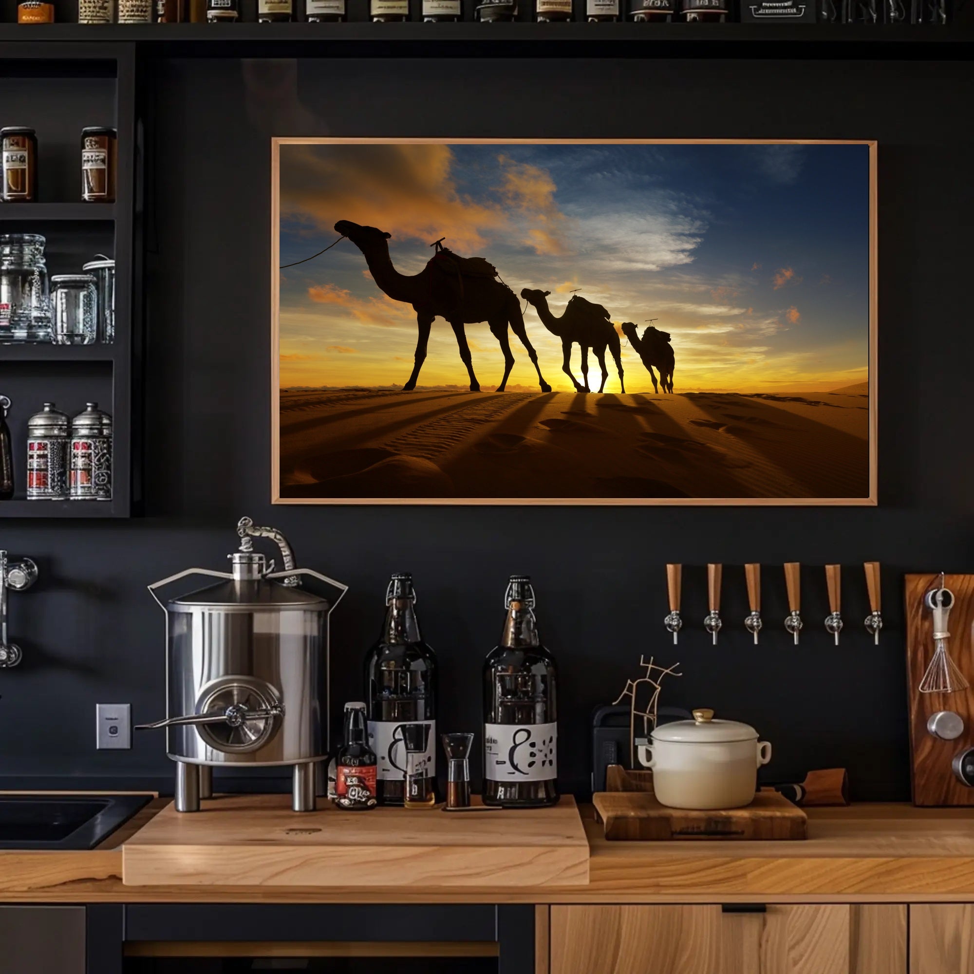 Desert Camels at Sunset Travel Poster PosterGoat