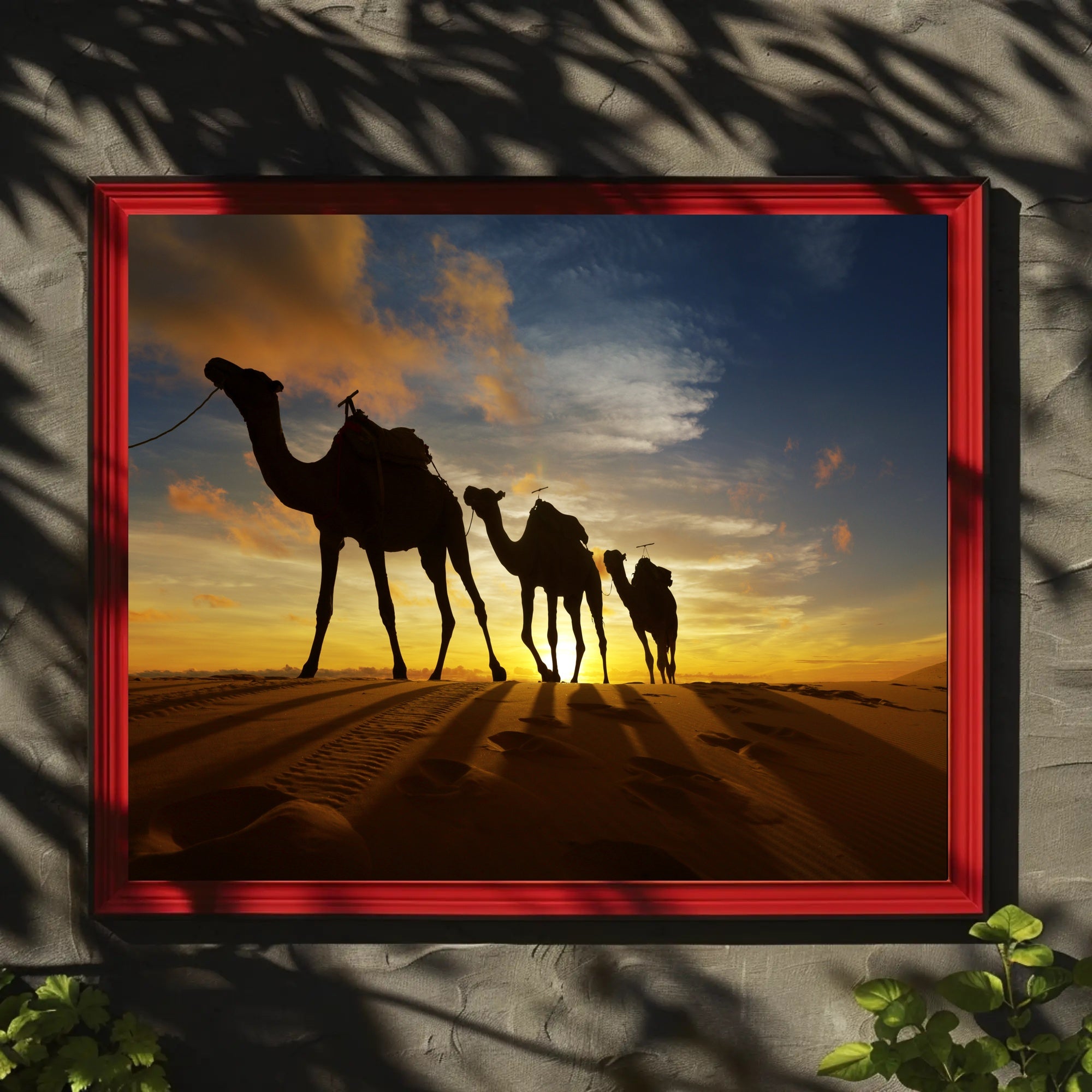 Desert Camels at Sunset Travel Poster PosterGoat
