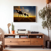 Desert Camels at Sunset Travel Poster PosterGoat