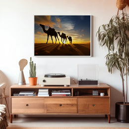 Desert Camels at Sunset Travel Poster PosterGoat