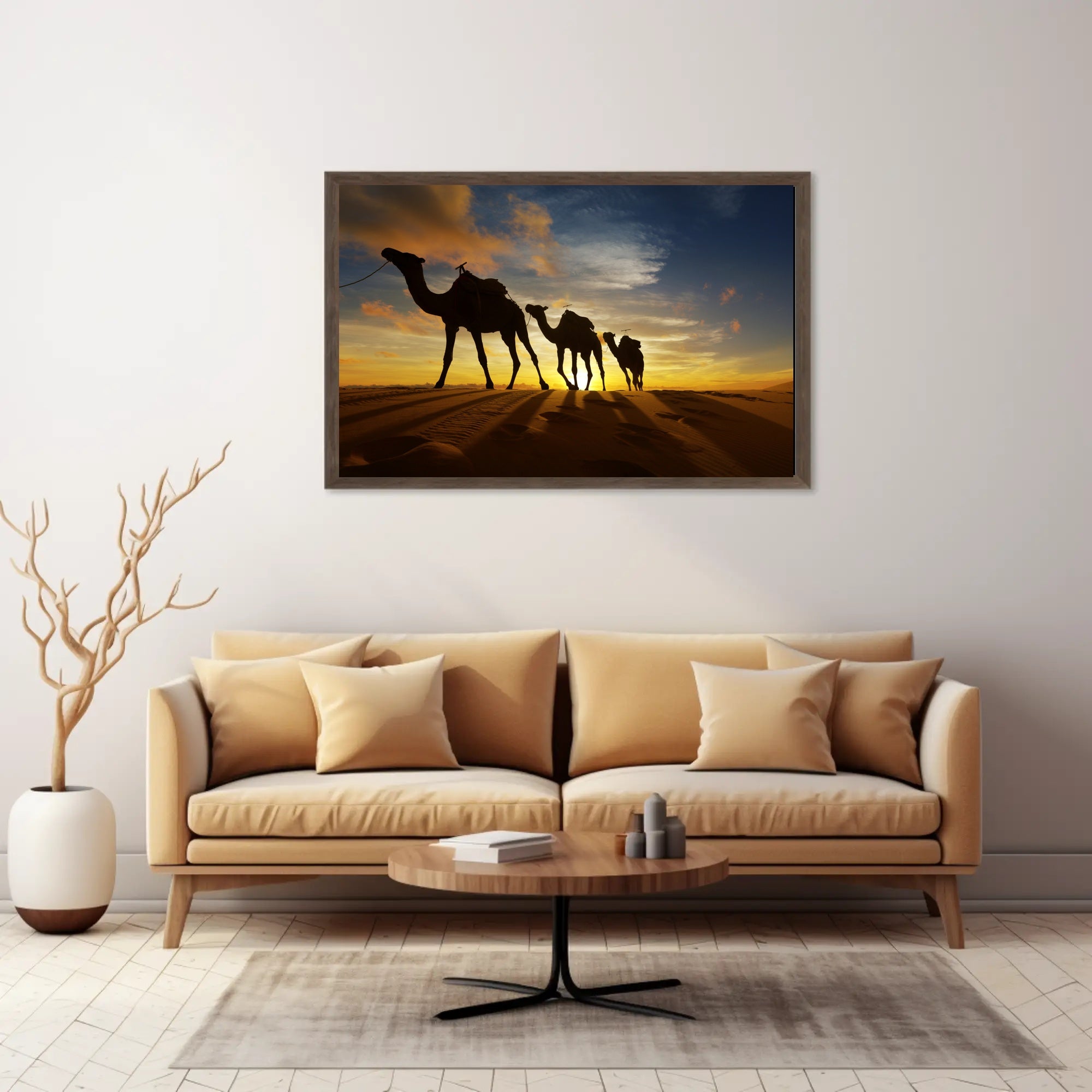 Desert Camels at Sunset Travel Poster PosterGoat