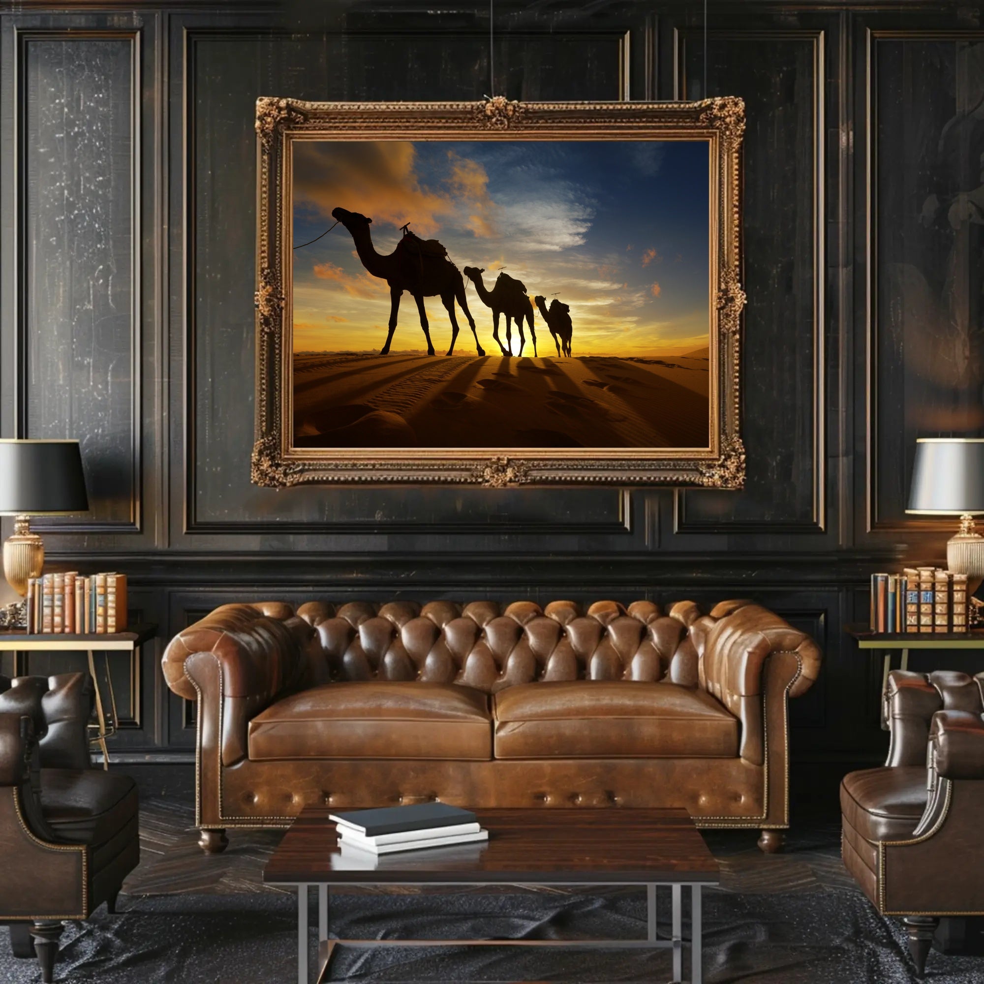 Desert Camels at Sunset Travel Poster PosterGoat