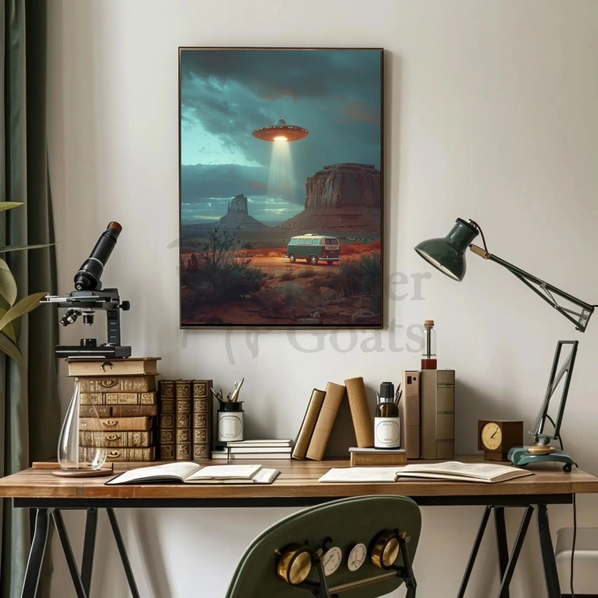 Desert UFO Encounter Futuristic Sci-Fi Poster PosterGoat