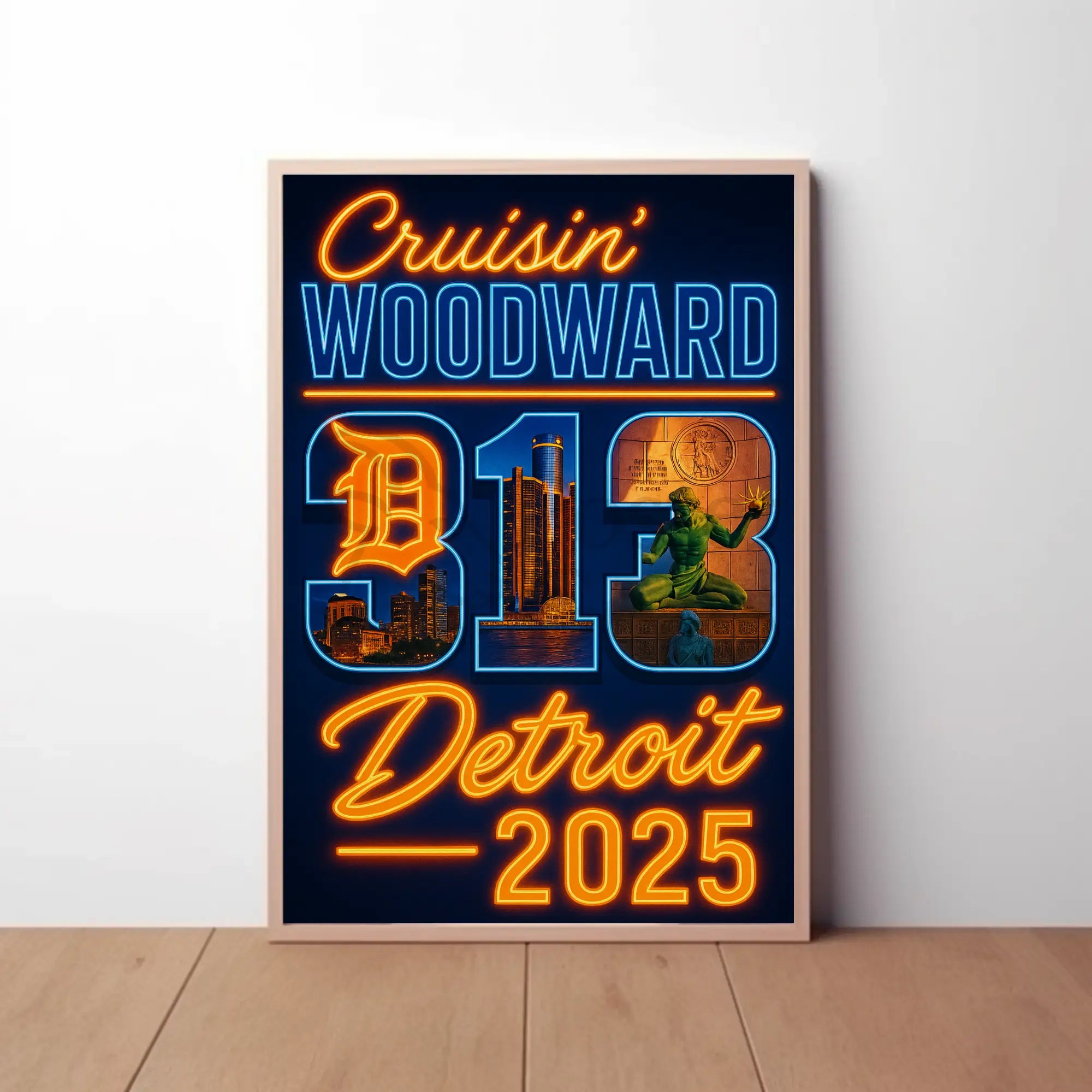 Detroit Neon Vibes Retro-Futuristic Travel Poster PosterGoat