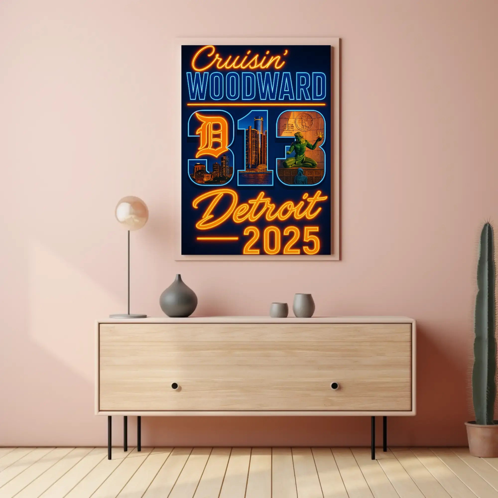 Detroit Neon Vibes Retro-Futuristic Travel Poster PosterGoat