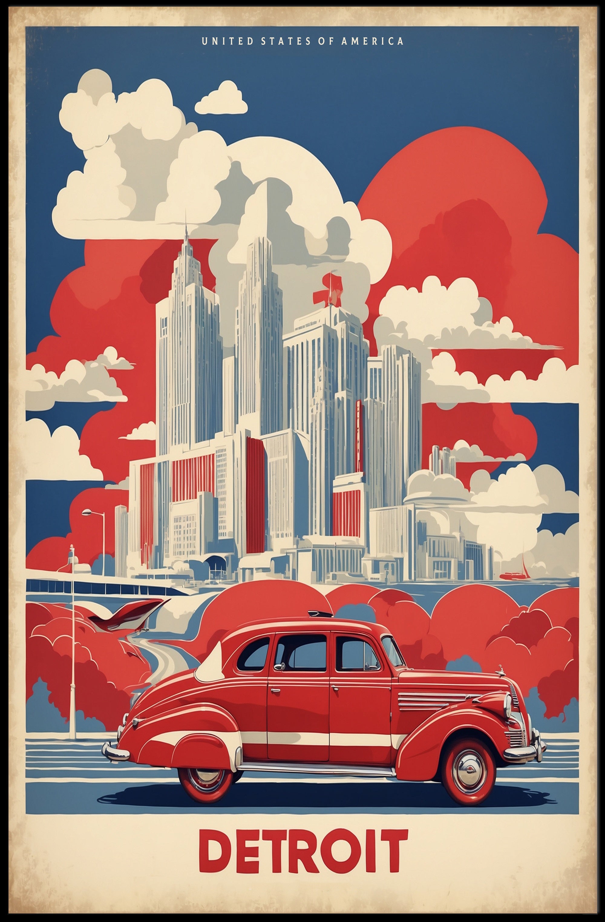 Detroit Skyline Retro Car Urban Cityscape Poster PosterGoat