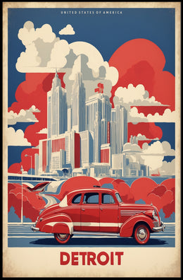 Detroit Skyline Retro Car Urban Cityscape Poster PosterGoat