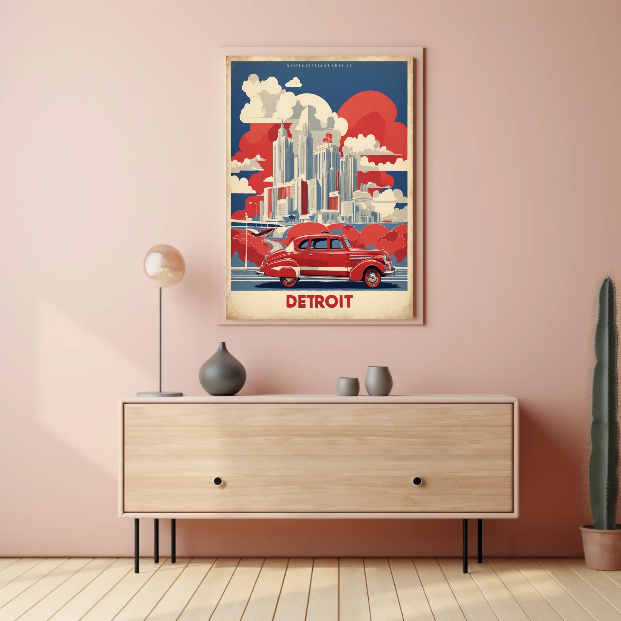 Detroit Skyline Retro Car Urban Cityscape Poster PosterGoat