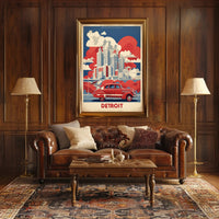 Detroit Skyline Retro Car Urban Cityscape Poster PosterGoat
