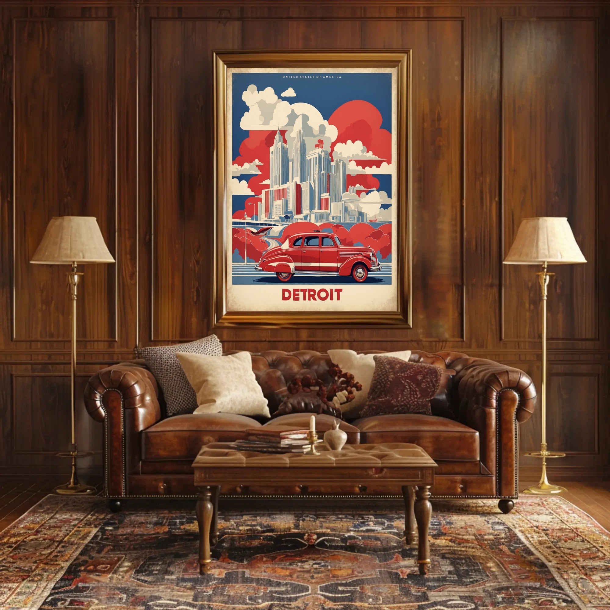 Detroit Skyline Retro Car Urban Cityscape Poster PosterGoat