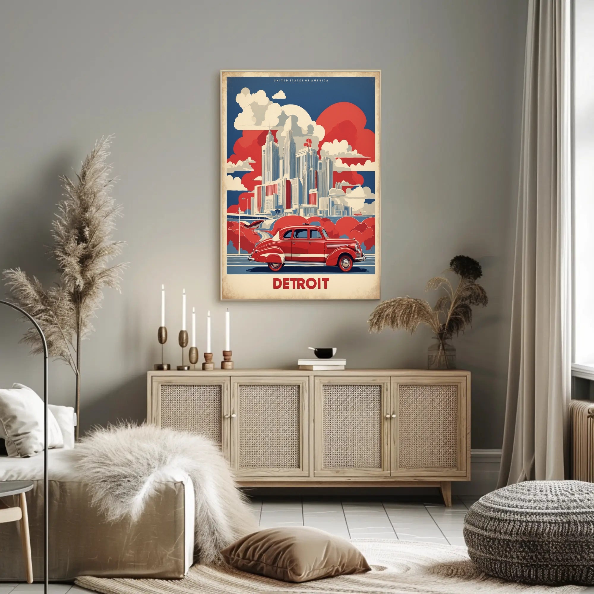 Detroit Skyline Retro Car Urban Cityscape Poster PosterGoat